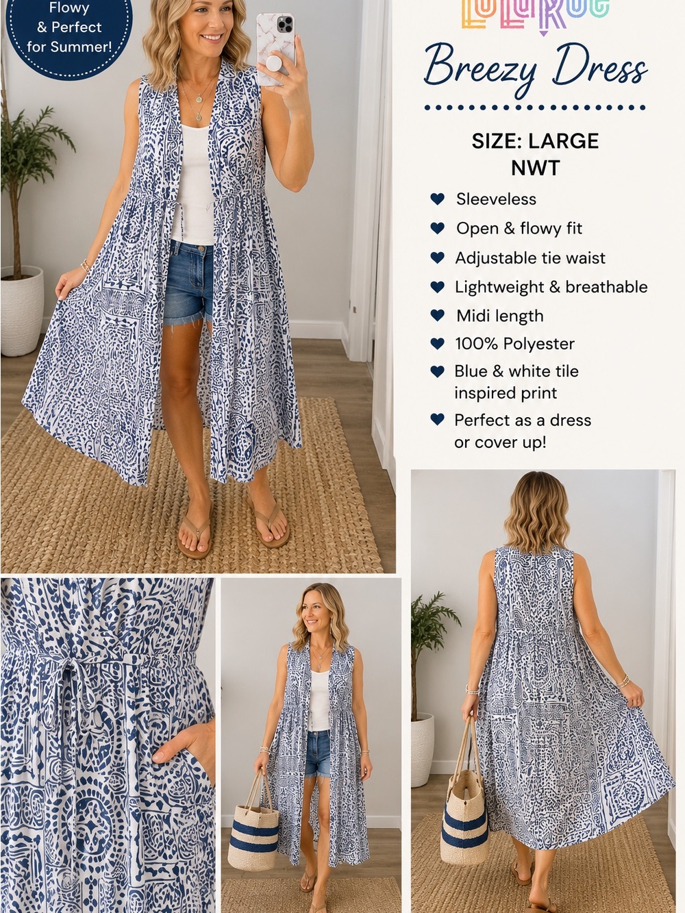 NWT LuLaRoe Breezy Duster Vest Large Blue White Tile Print Open Front Cover Up - Picture 6 of 6